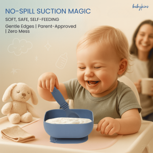 Babykins Silicone Suction Bowl with Spoon- Navy Blue