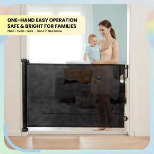 Babykins 6 to 36 months, 150L x 10B x 12H cm, Rectractable Mesh Safety Gate for Kids and Pets, No Drilling Insallation for easy and sturdy use (Black)